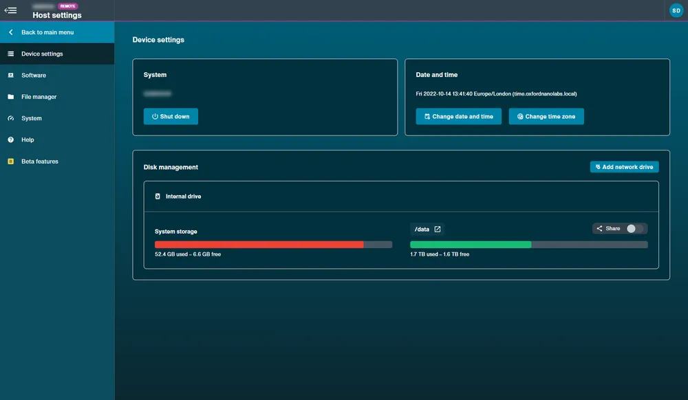 Device settings interface Device settings interface