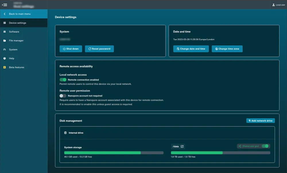 Device settings interface - directly connected Device settings interface - directly connected