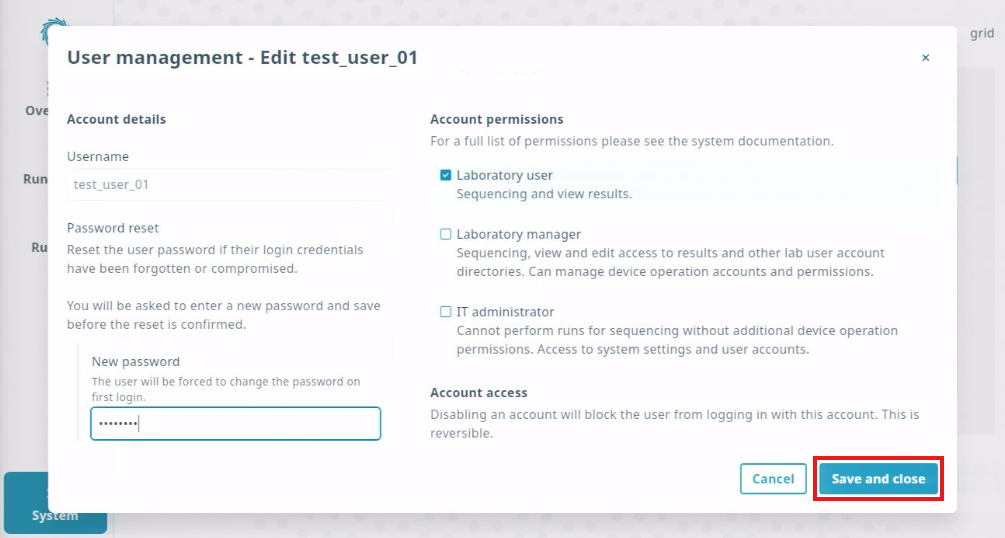 system-user acct management page-edit user -save
