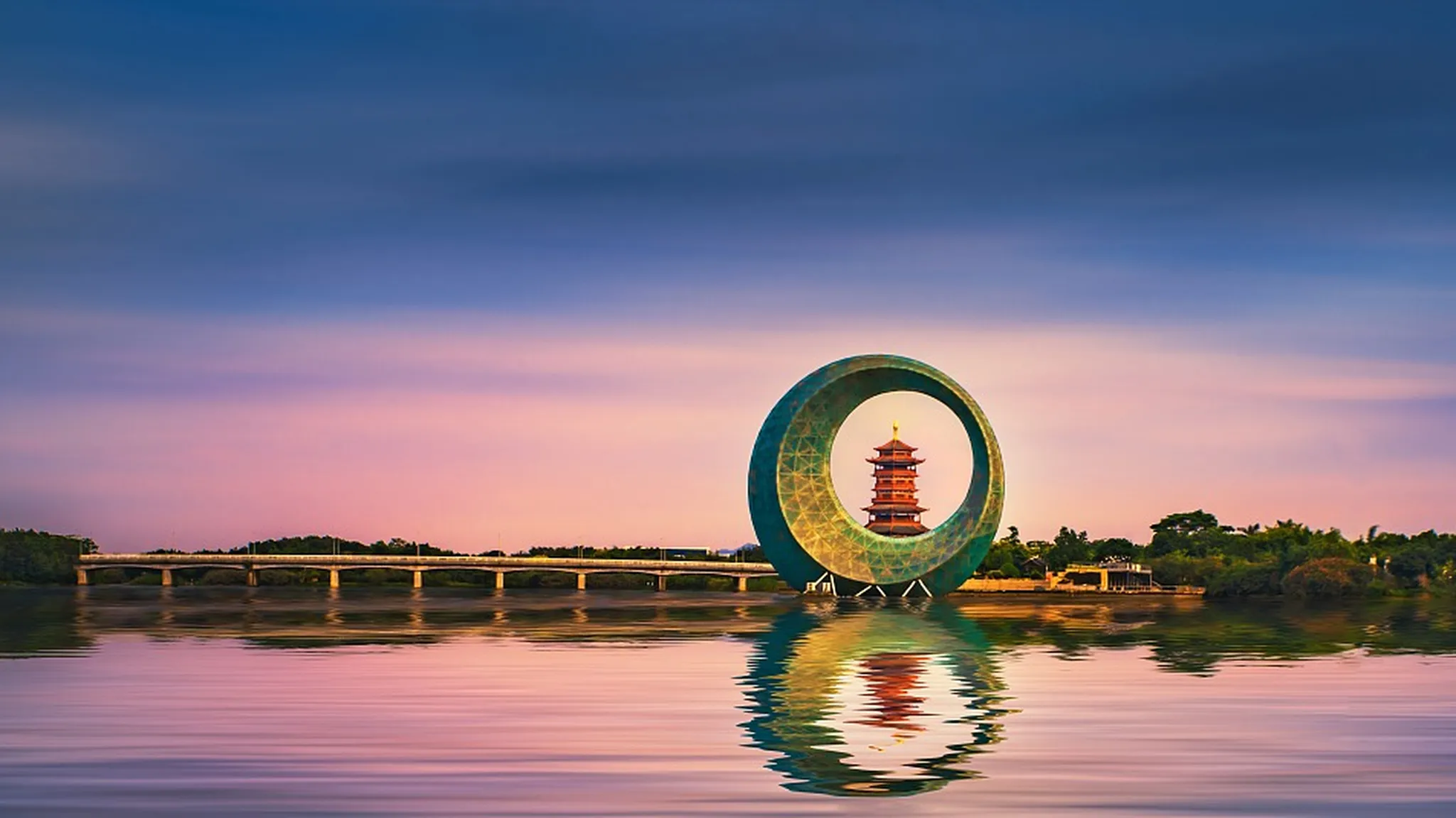 Sunset view of a circular monument