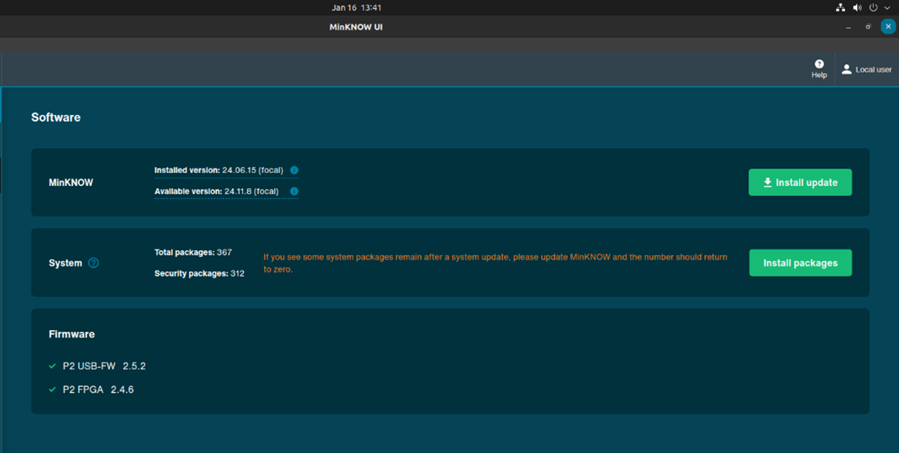 MinKNOW update via Software setting