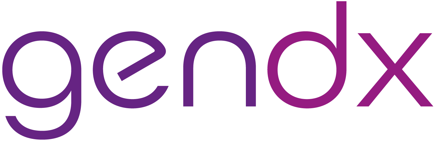 The image displays the word "gendx" in a stylized, lowercase font with a gradient color transition from purple to pink.