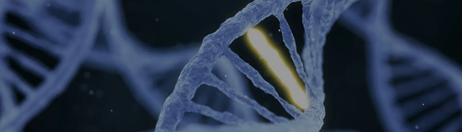 A 3D rendered depiction of a DNA strand with a base pair highlighted