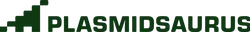 The image shows the logo for "Plasmidsaurus" with a stylized green dinosaur silhouette beside the name.