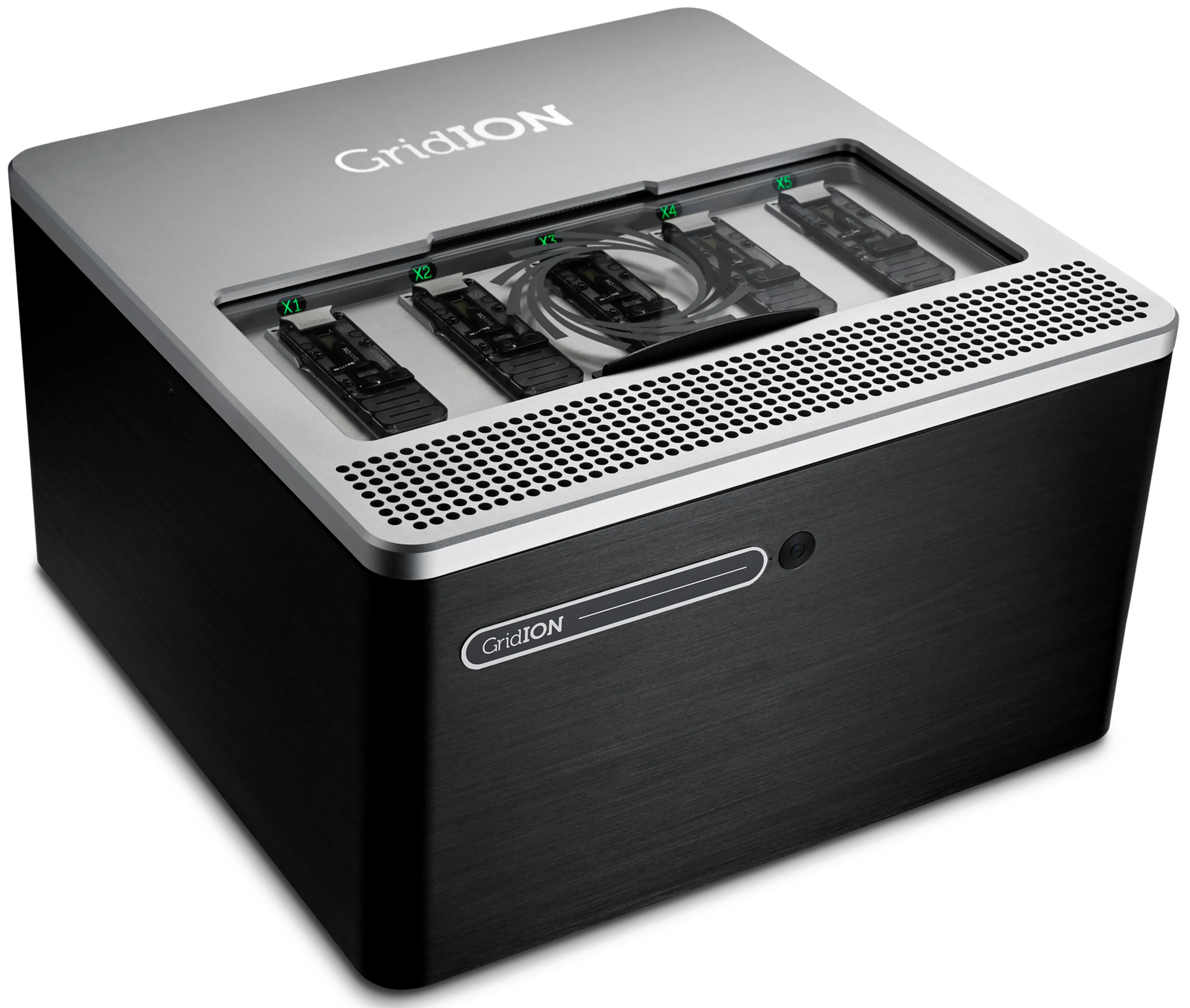 GridION side image showing five flow cell positions