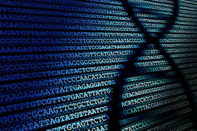 dna helix shadow on background of tiled dna sequence