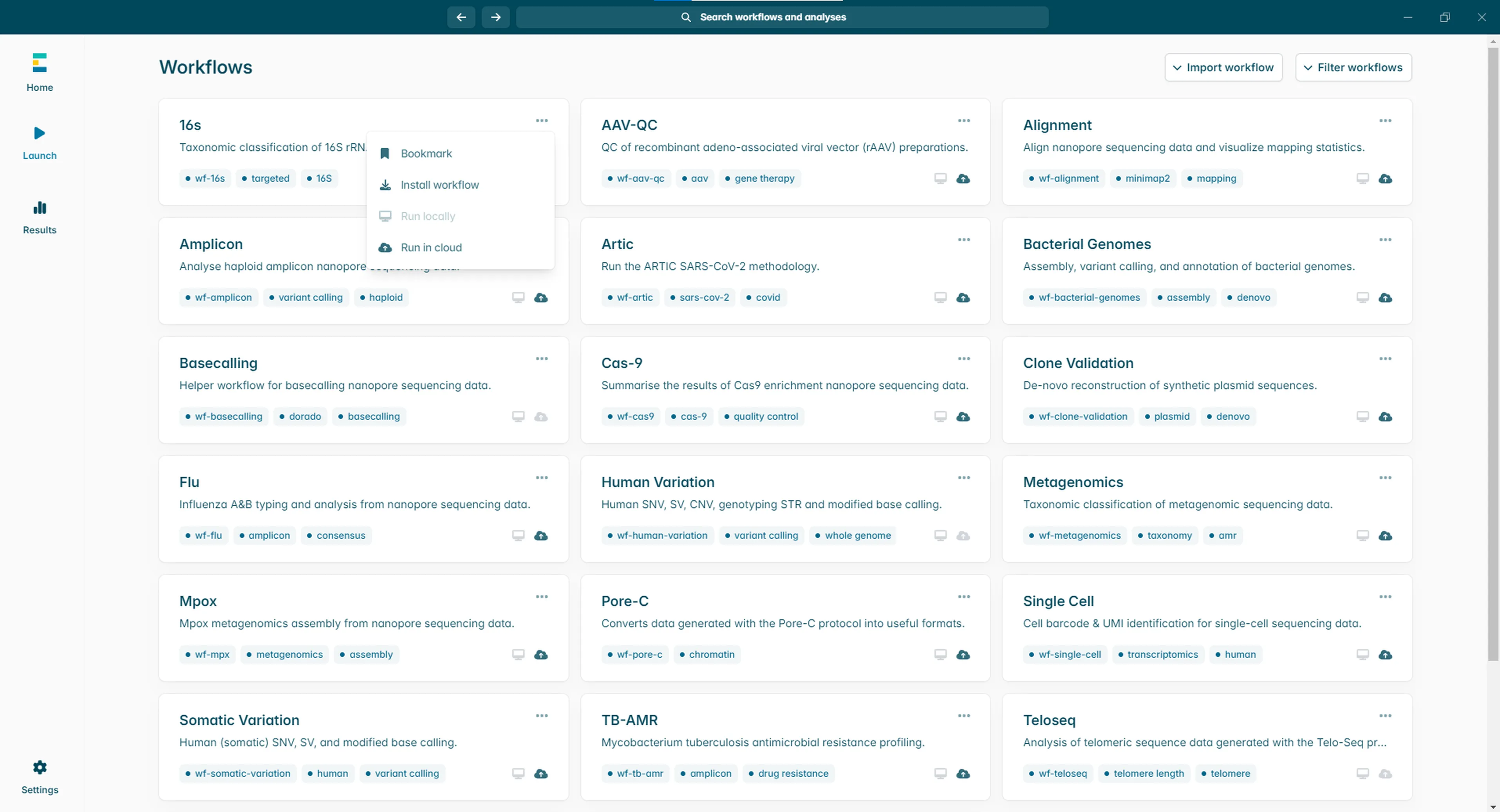 A screenshot of the workflow page of EPI2ME. You can see the range of workflows available. One of the workflows has been clicked on and shows the drop down list so you can see the options to download and run the workflow