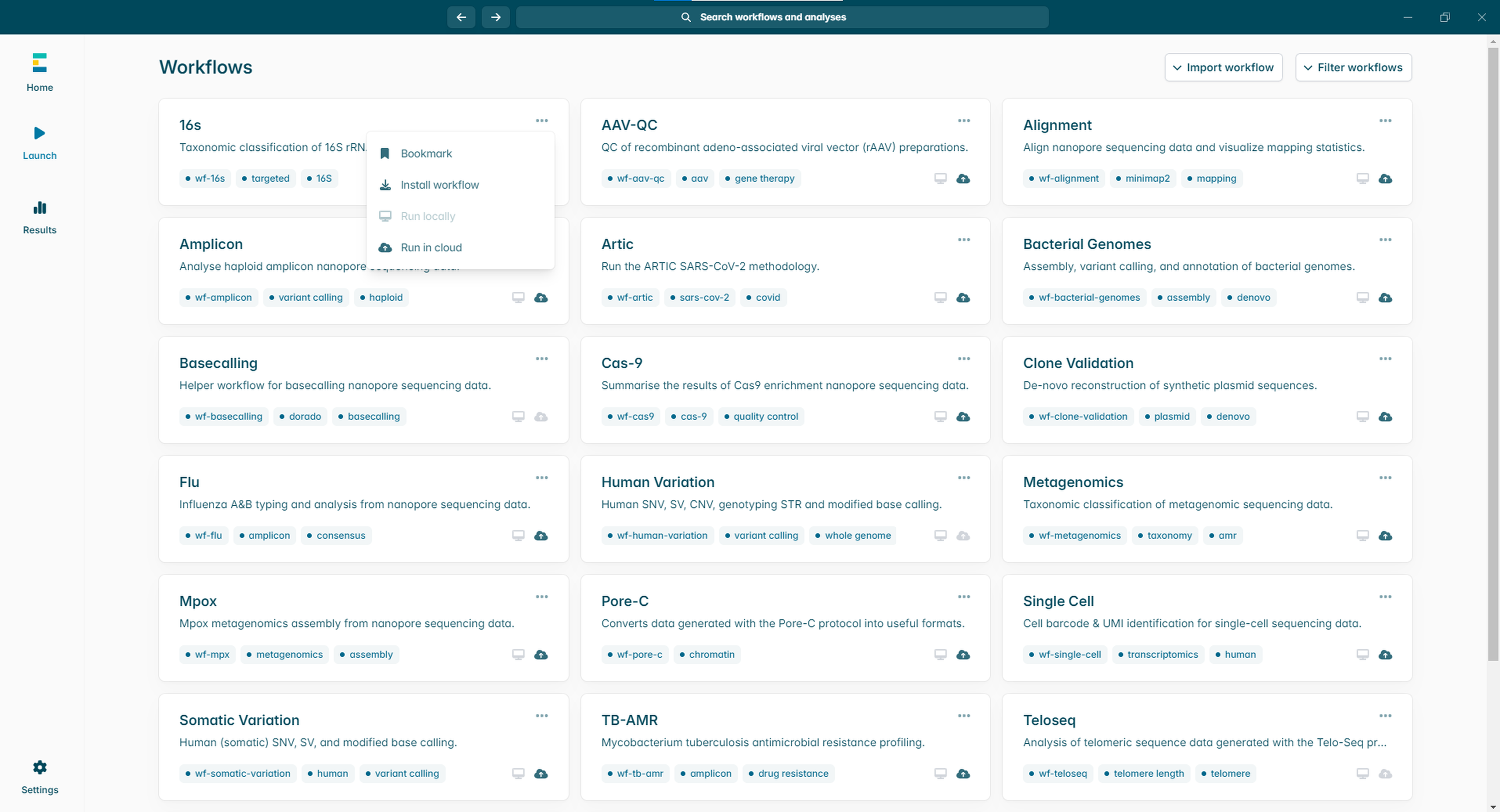 A screenshot of the workflow page of EPI2ME. You can see the range of workflows available. One of the workflows has been clicked on and shows the drop down list so you can see the options to download and run the workflow