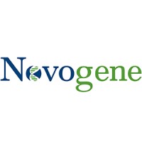 The image shows the Novogene logo with the word "Novogene" in blue and green, featuring a DNA strand design within the letter "o".
