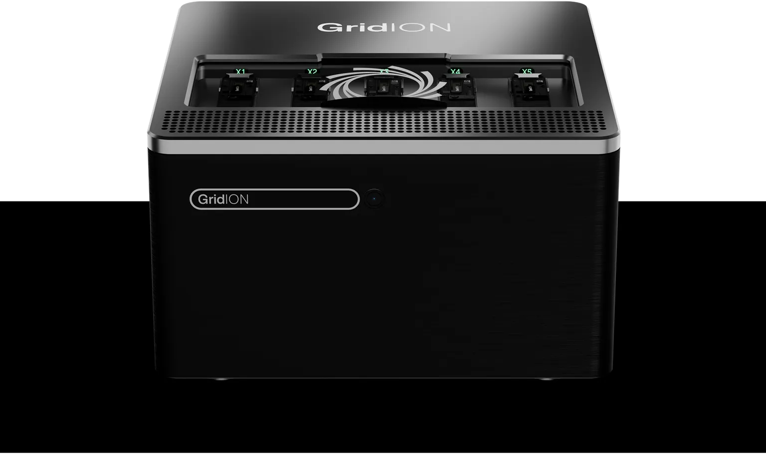 Elevated from view of a GridION sequencing device on a black background