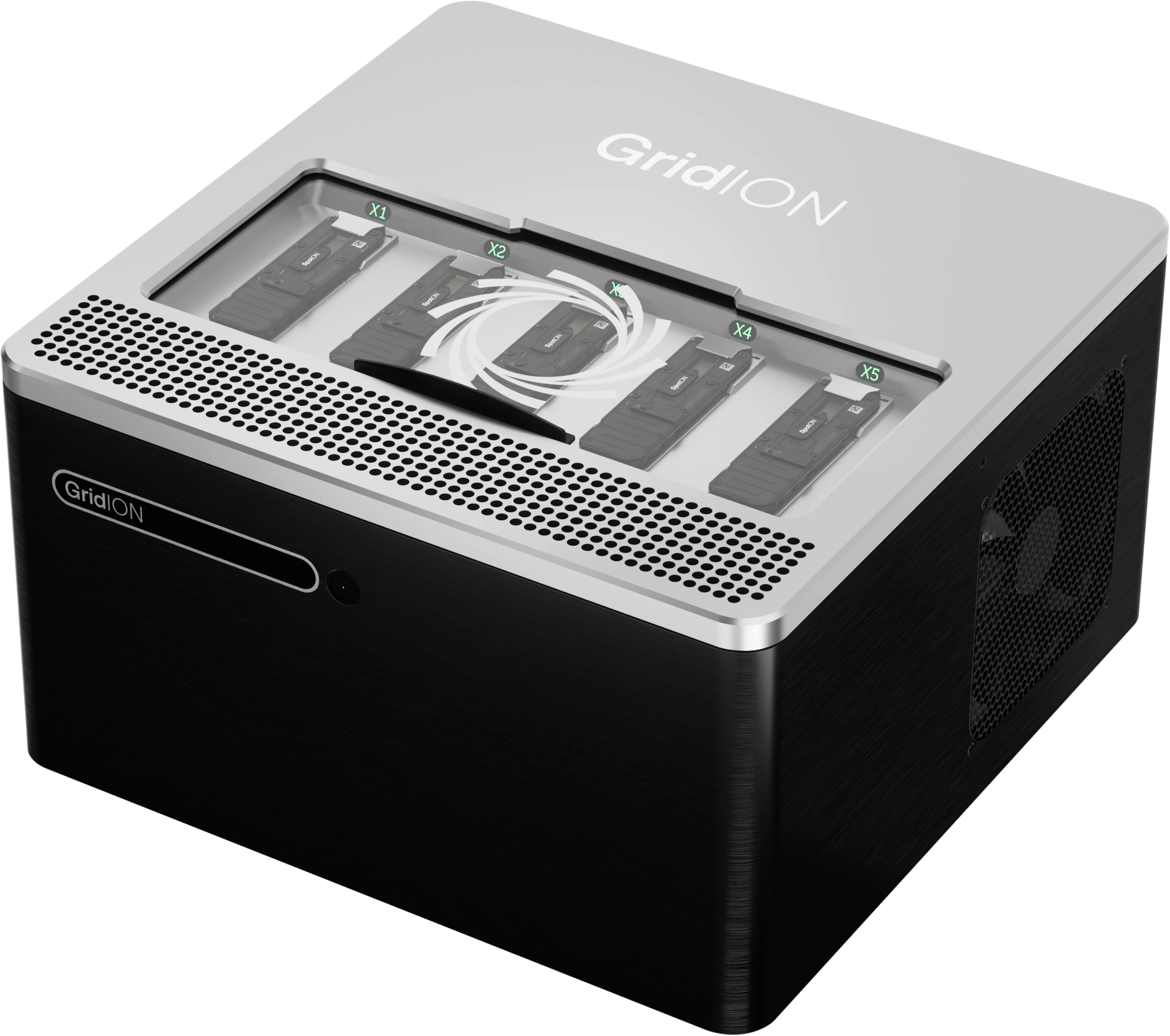 Left, elevated view of a GridION sequencing device