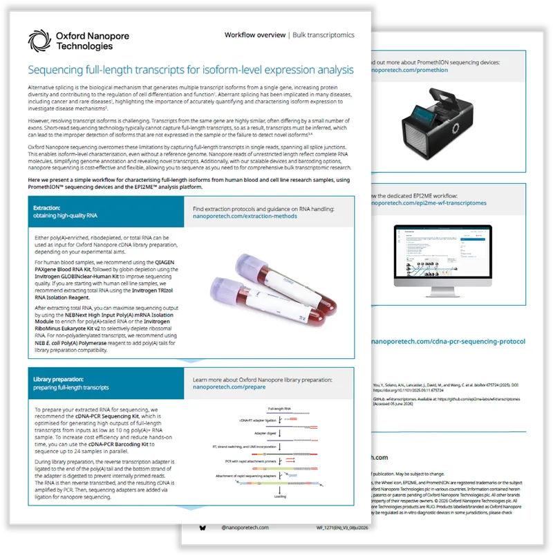 Flyer from Oxford Nanopore Technologies detailing RNA extraction and library preparation for full-length isoform sequencing, with images of test tubes.