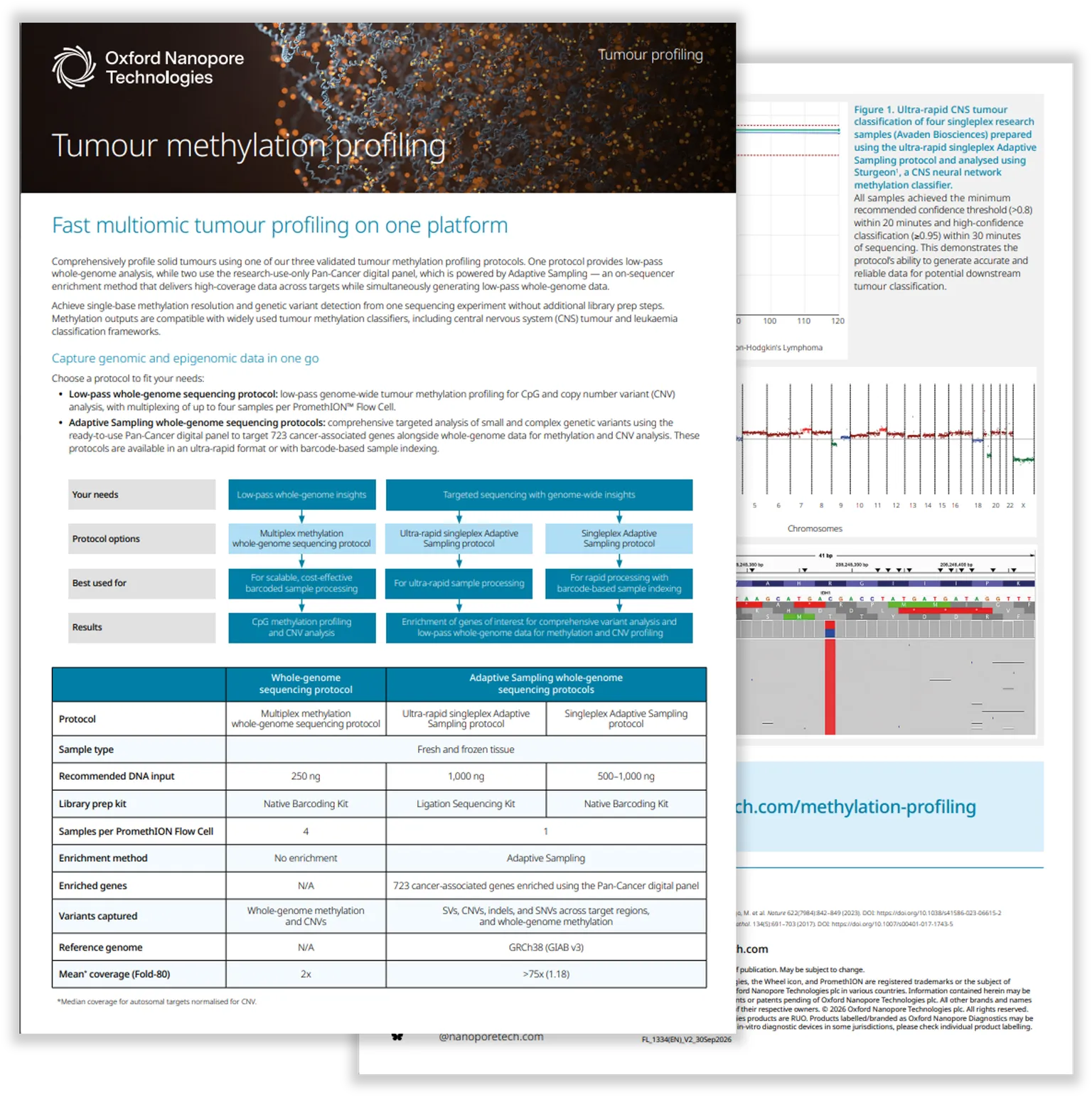 Infographic on tumour methylation profiling by Oxford Nanopore Technologies, featuring sequencing protocols, sample types, and genomic analysis methods.