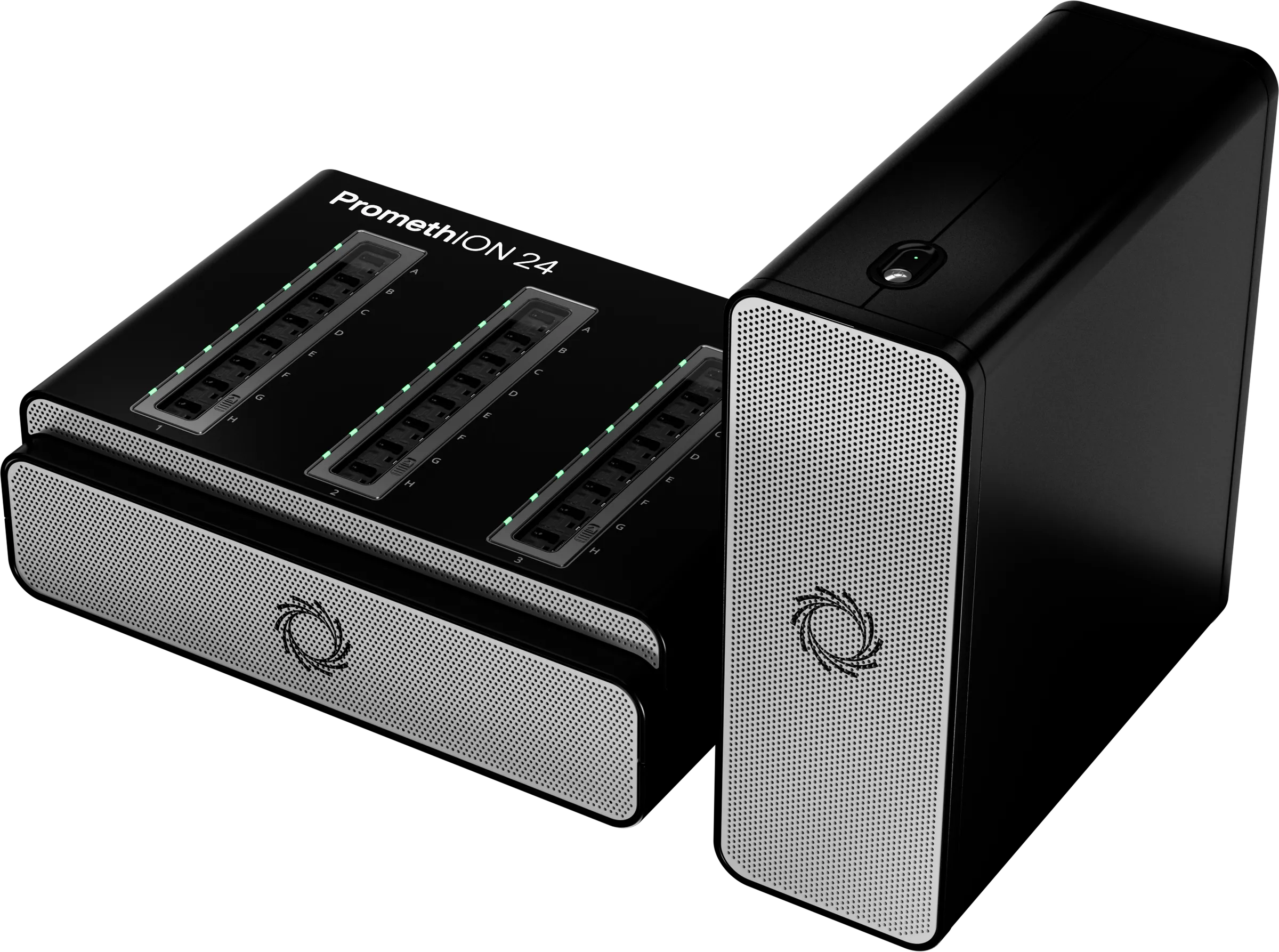 Left, elevated view of a PromethION 24 sequencing device with compute tower