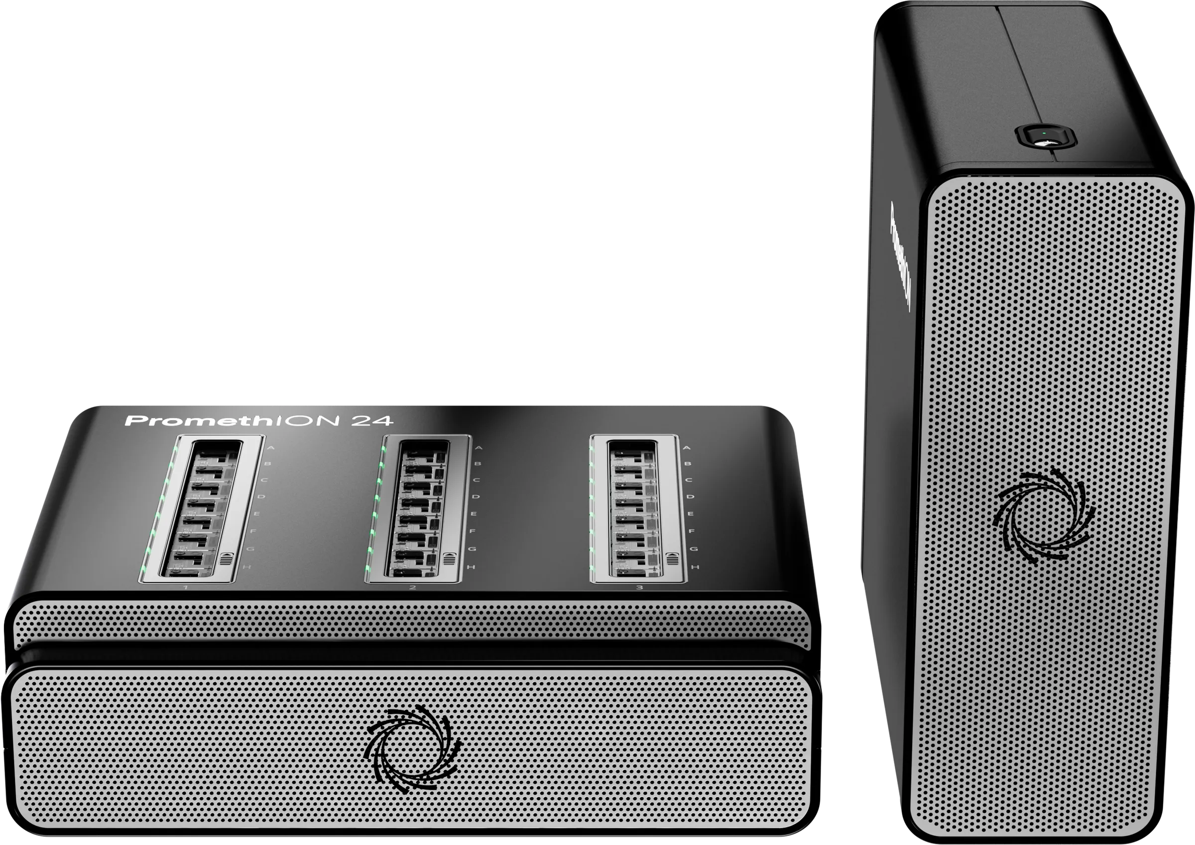 Front, elevated view of a PromethION 24 sequencing device with compute tower