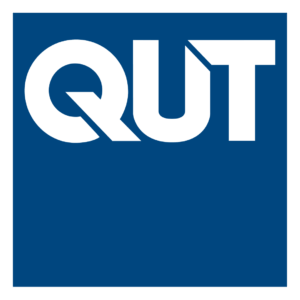 QUT logo with white letters on a blue background.