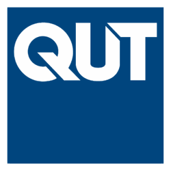 QUT logo with white letters on a blue background.