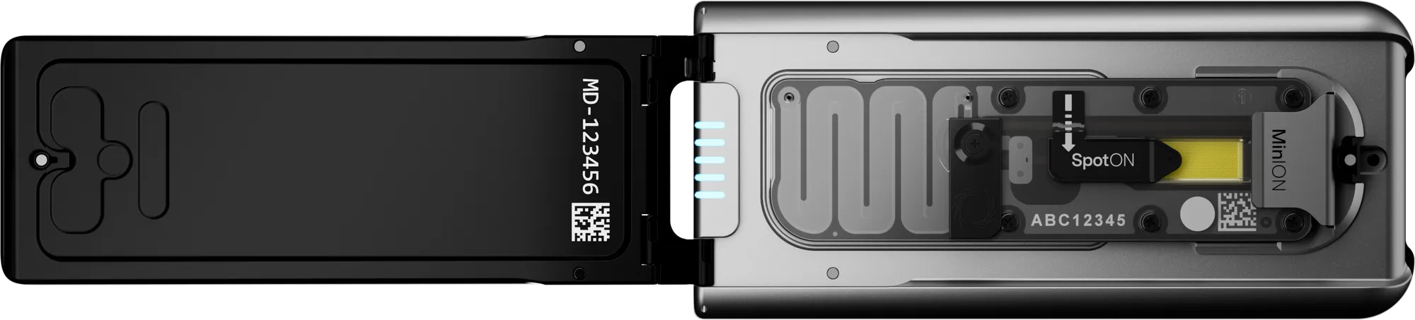Top down view of an open MinION Mk1D with a flow cell