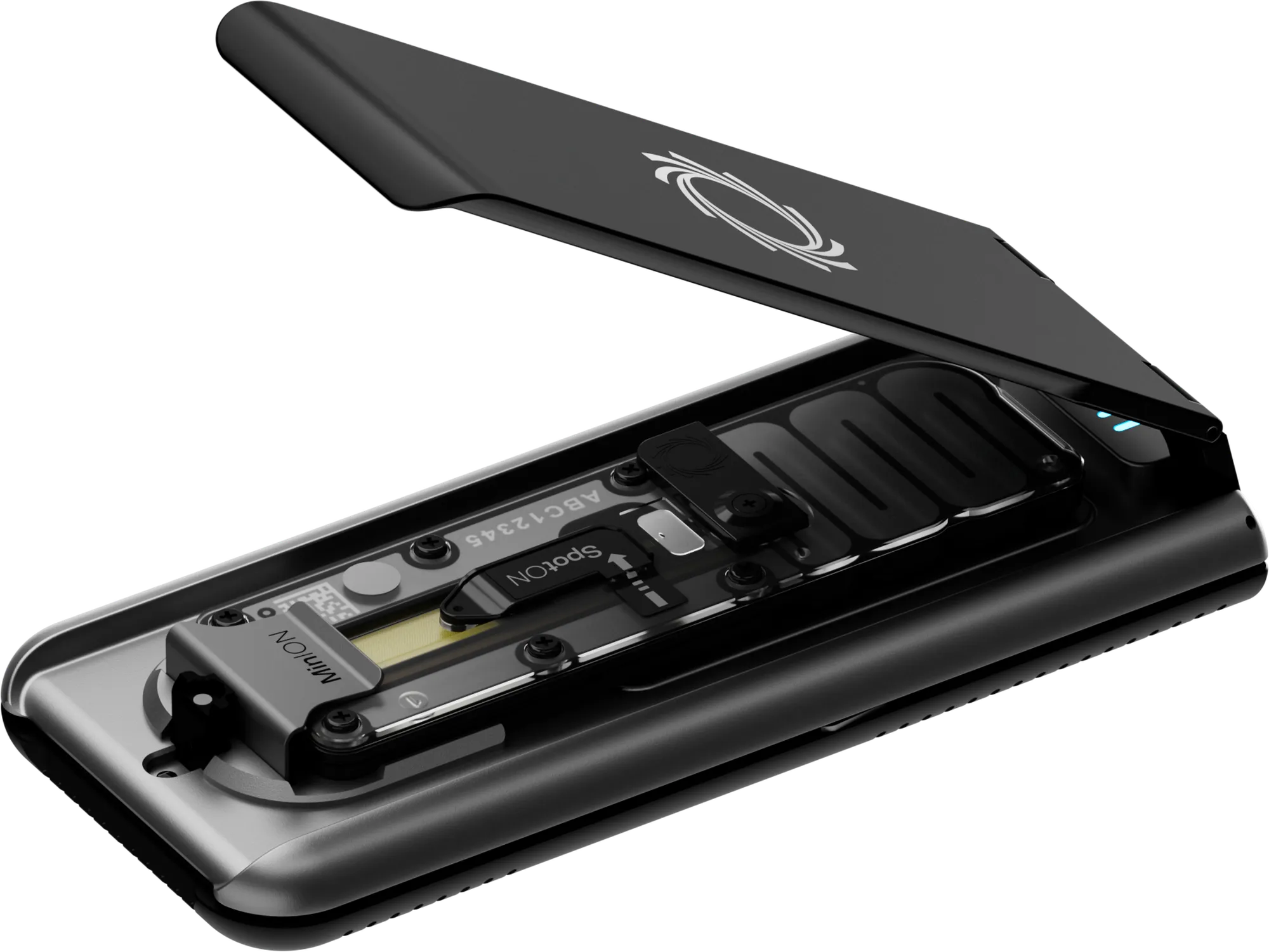 Elevated, angled view of an open MinION Mk1D with a flow cell