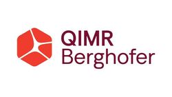 Logo of QIMR Berghofer featuring a red geometric shape resembling a stylized cell and the name in burgundy text on a white background.