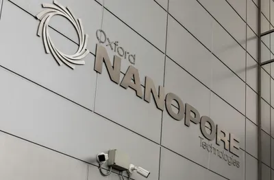 The Oxford Nanopore Technologies logo on the side of the Gosling building