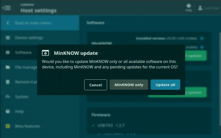 MinKNOW update window MinKNOW update window