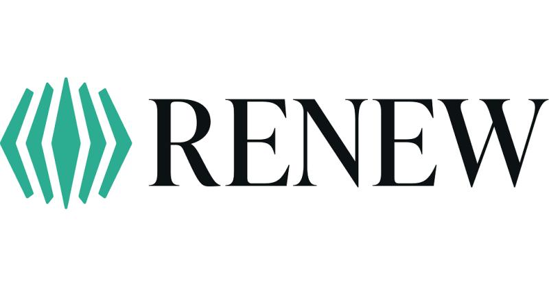 The image displays the logo of "RENEW" with teal geometric shapes on the left and bold black text on the right.