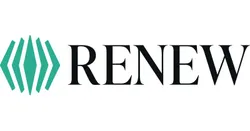 The image displays the logo of "RENEW" with teal geometric shapes on the left and bold black text on the right.