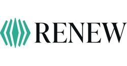 The image displays the logo of "RENEW" with teal geometric shapes on the left and bold black text on the right.