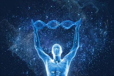 human holding dna helix above head