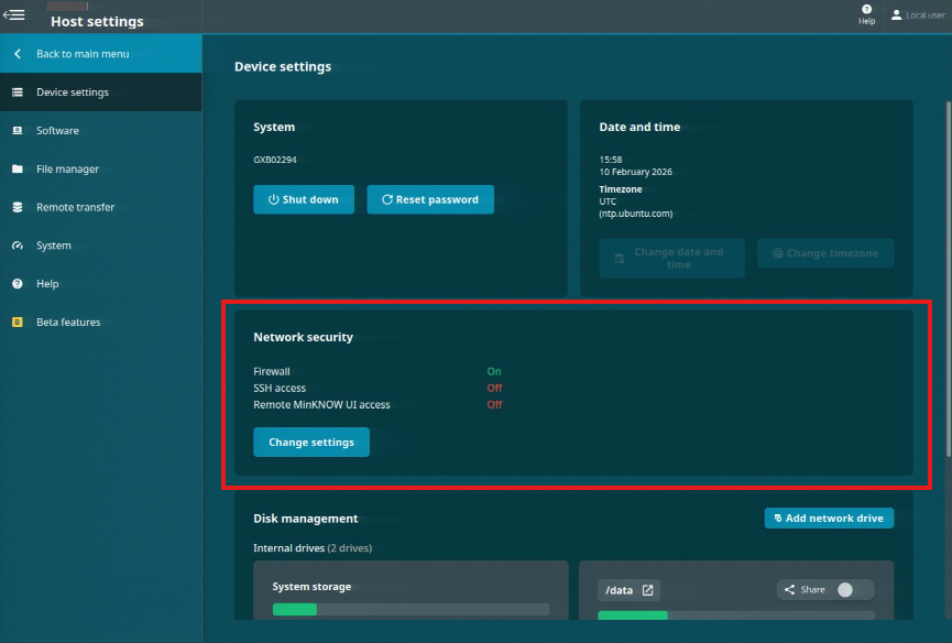 Host settings-Device settings-Network security Host settings-Device settings-Network security