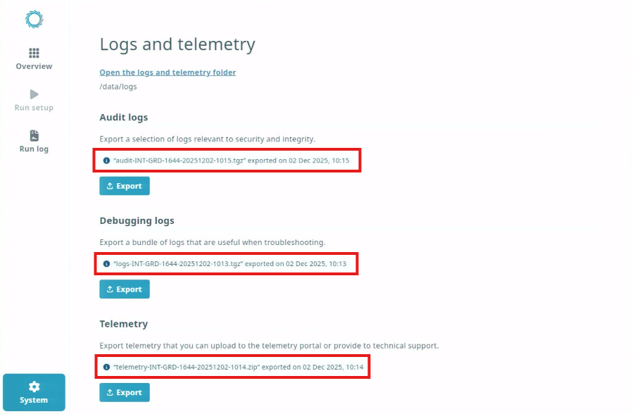 Logs and telemetry page-exports complete-filename and date