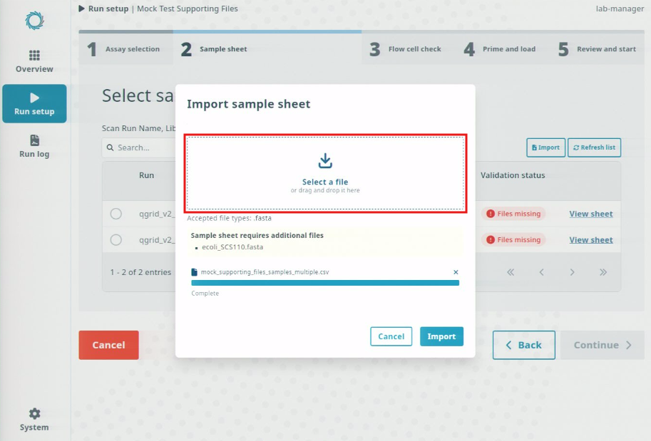 set-up-run_Import-sample-sheet_Complete_requires Supp files-Select file