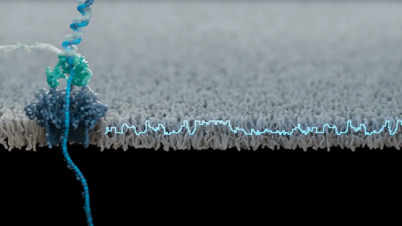 Graphical image of a DNA molecule passing through a nanopore, generating a characteristic and measurable disruption to the electrical signal