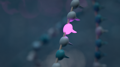 Close up of a grey strand of DNA with 1 base highlighted in purple